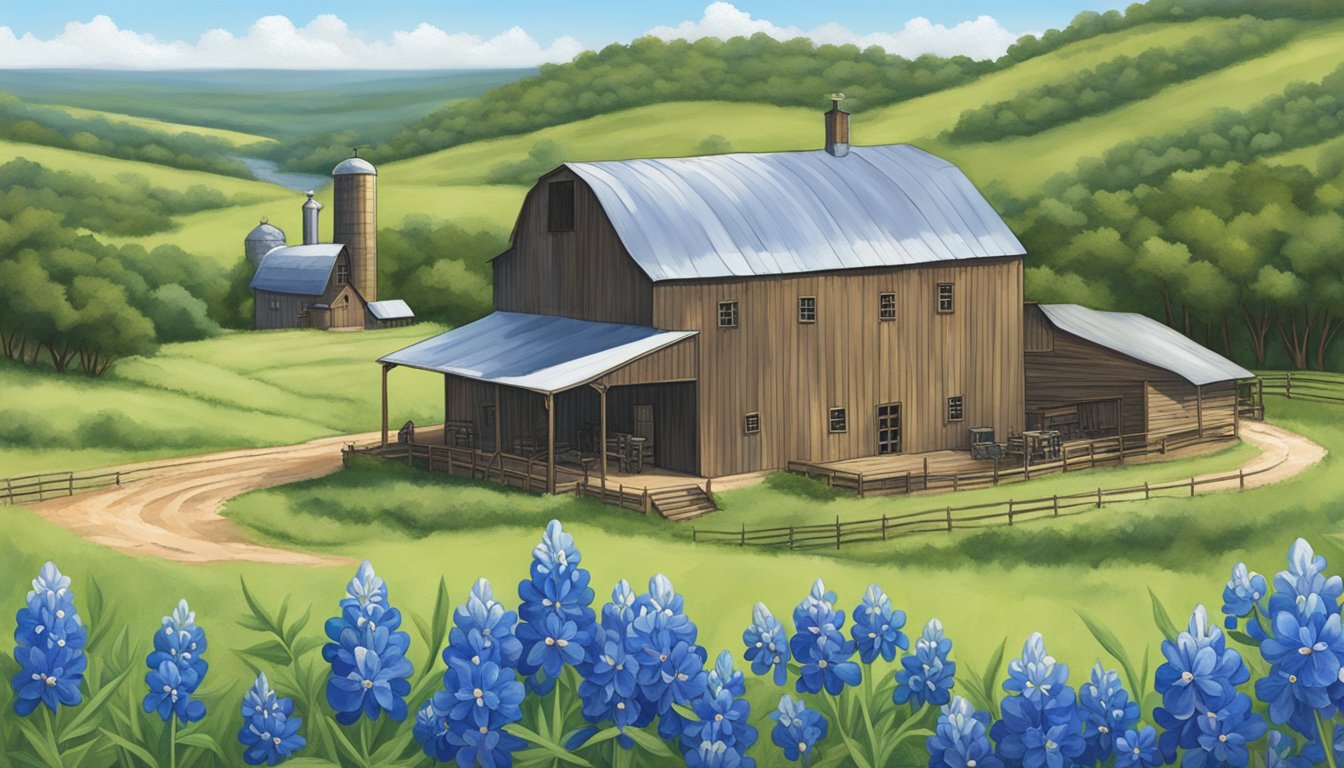 A rustic distillery nestled among rolling hills, with a backdrop of Texas bluebonnets and a clear blue sky