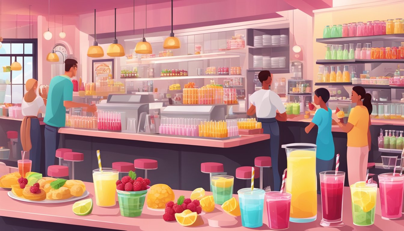 A bustling cafe scene with a colorful display of raspberry lemonade and various tasty snacks and drinks on a counter