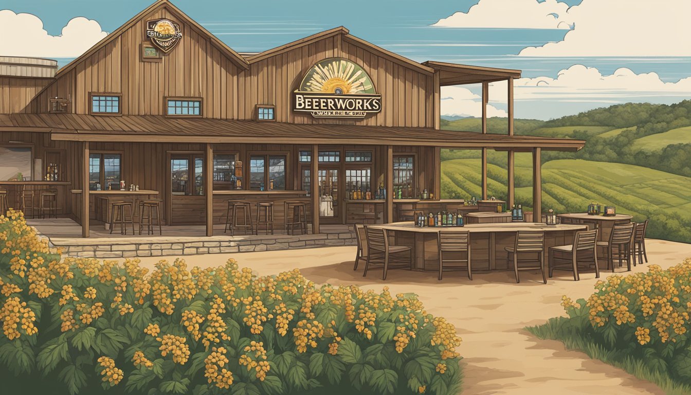 A rustic brewery nestled in the rolling hills of Texas, with a large sign showcasing the Austin Beerworks logo. The brewery's outdoor patio is filled with locals enjoying pints of Pearl-Snap German-Style Pils under the warm Texan sun