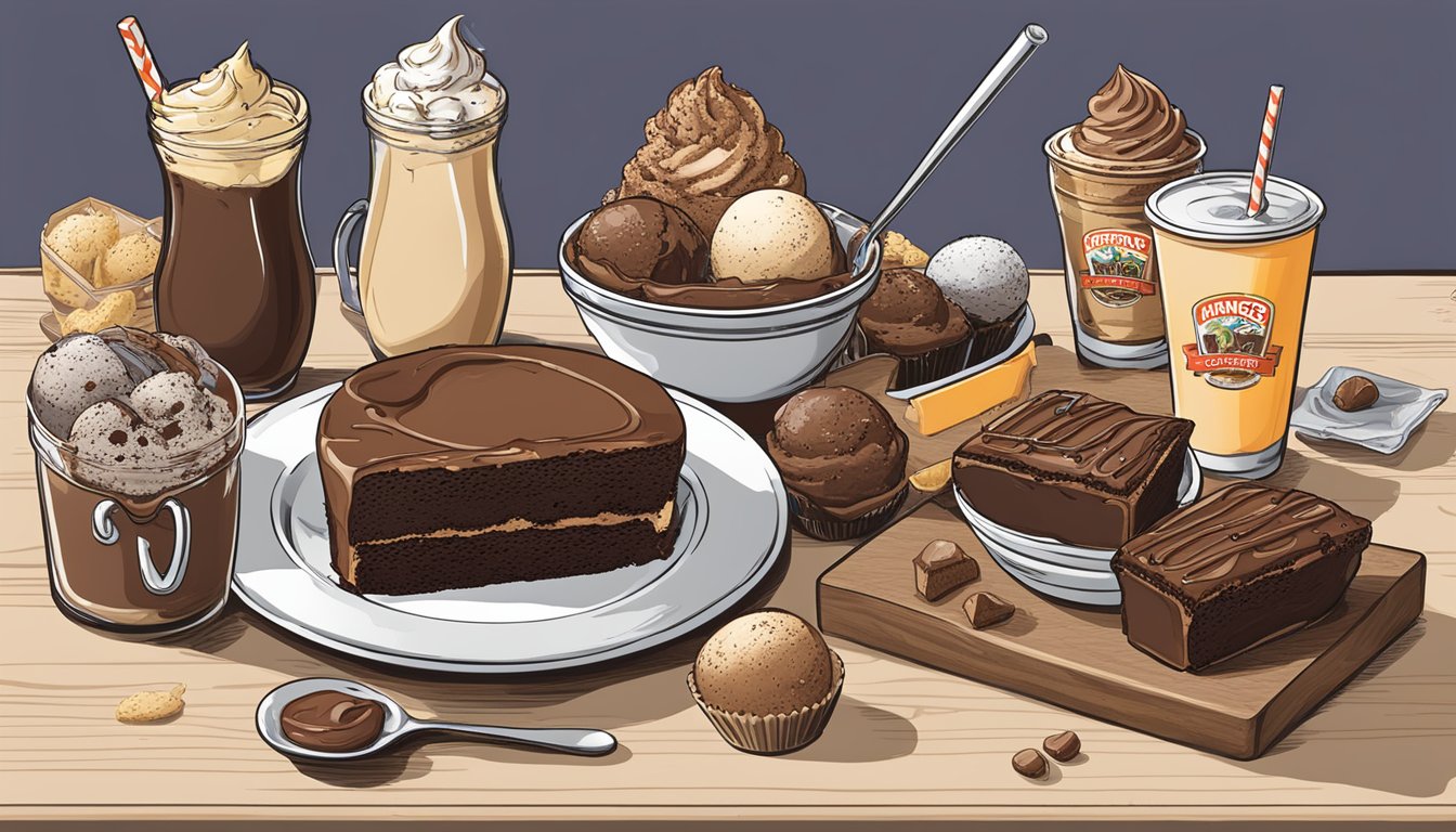 A scoop of King's Cupboard Fudge Brownie Ice Cream surrounded by 6 other delicious snacks and drinks on a table in Corpus Christi