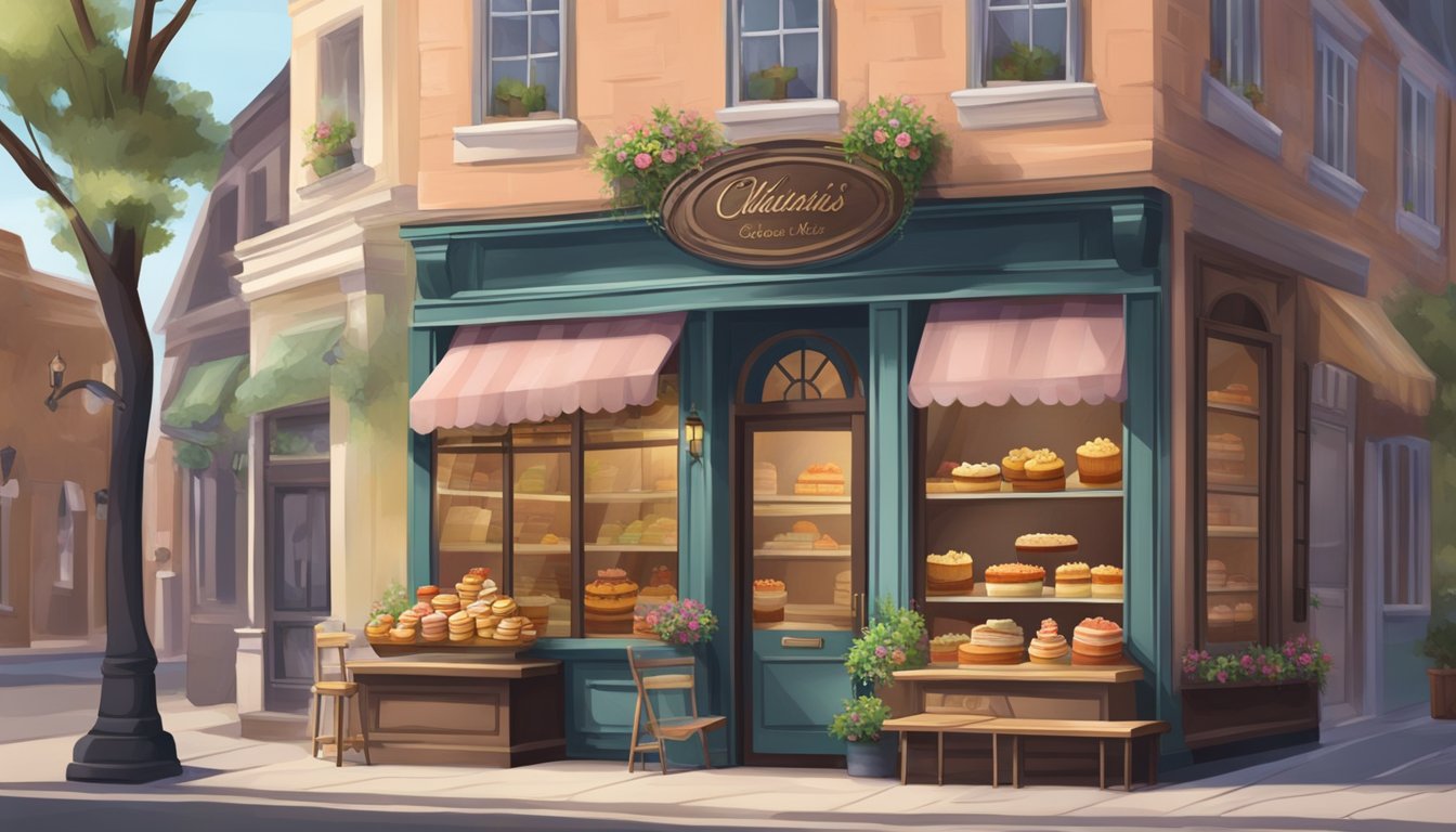 A quaint bakery with a rustic storefront, showcasing an array of delectable pastries and cakes in a variety of flavors and colors