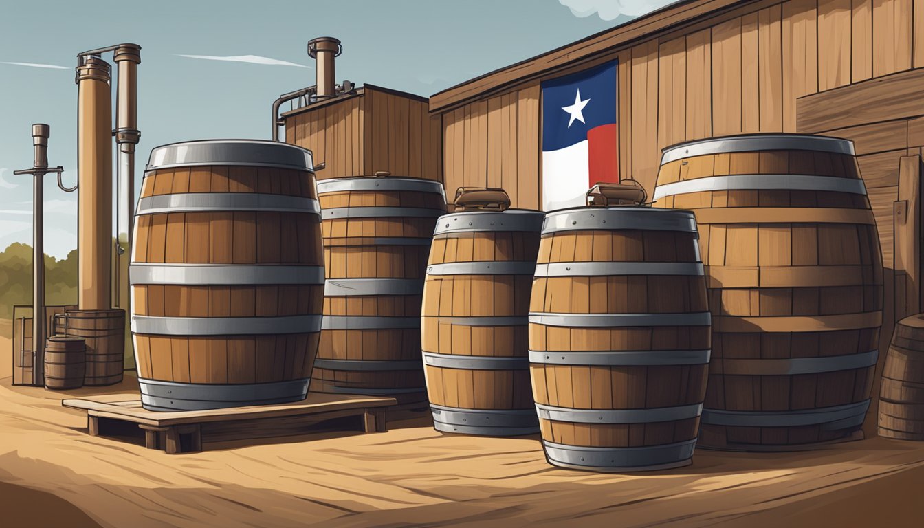 A rustic brewery scene with barrels, brewing equipment, and a Texas flag flying in the background