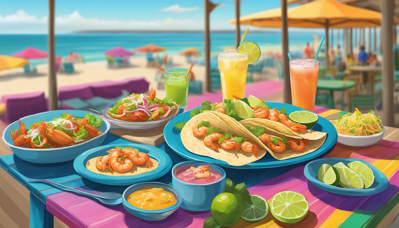 A beachside table with a colorful plate of shrimp tacos and a variety of refreshing drinks, set against the backdrop of Corpus Christi's vibrant coastline