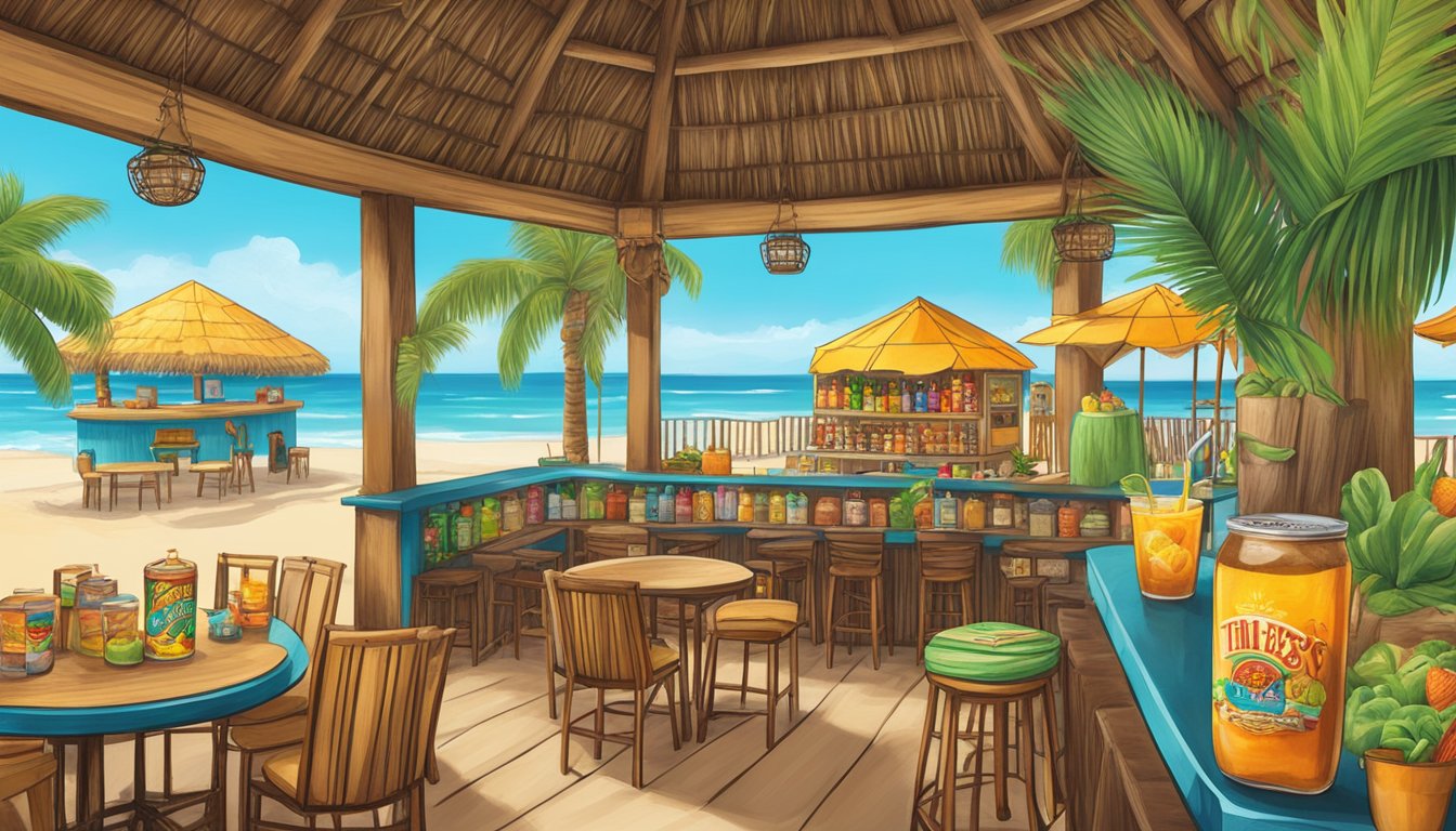 A tropical beach setting with a colorful tiki hut serving Island Joe's Jamaican Me Crazy Cold Brew and a variety of tasty snacks and drinks in Corpus Christi