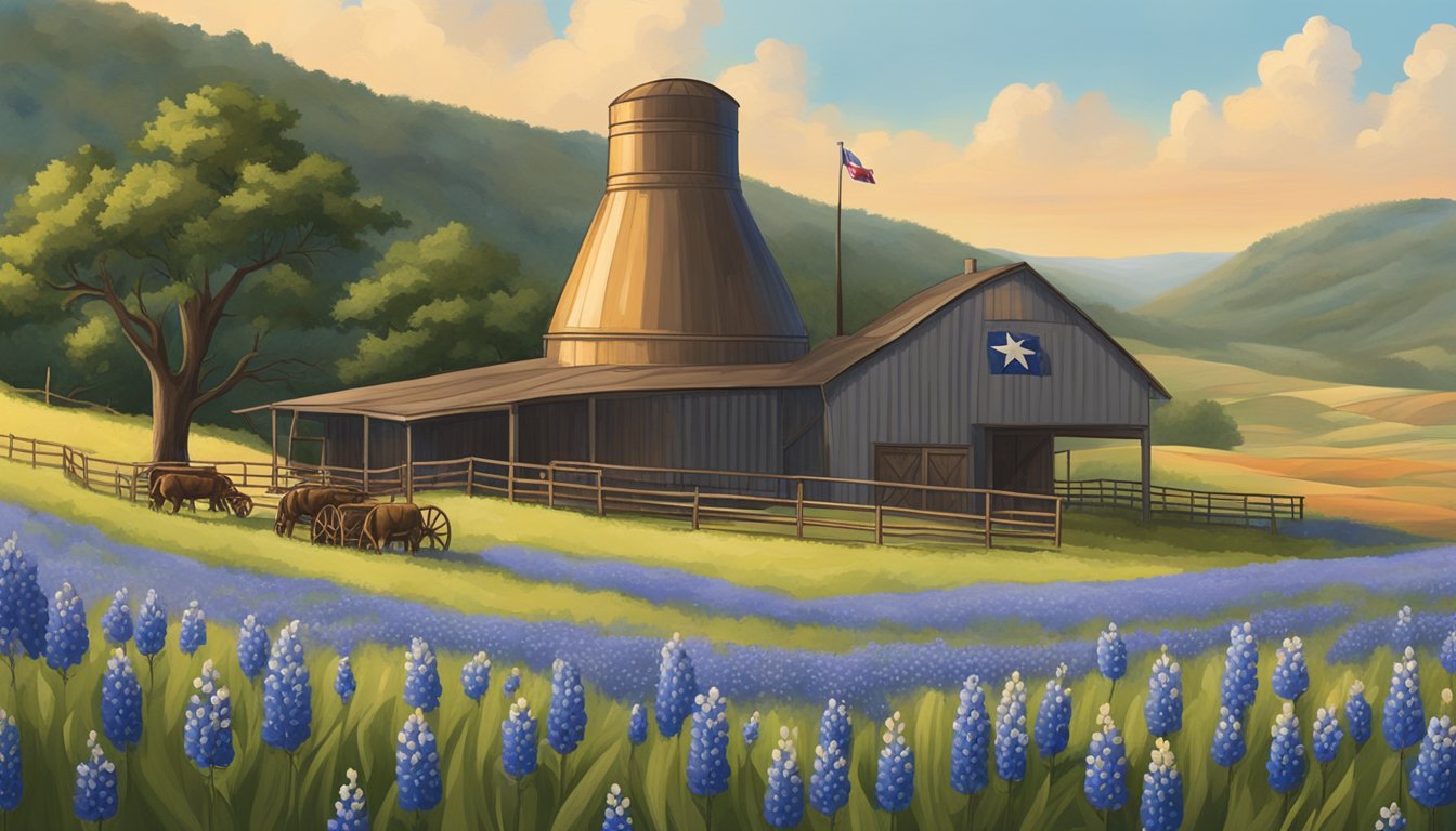 A rustic distillery with copper stills, oak barrels, and a Texas flag hanging proudly, surrounded by rolling hills and bluebonnet fields