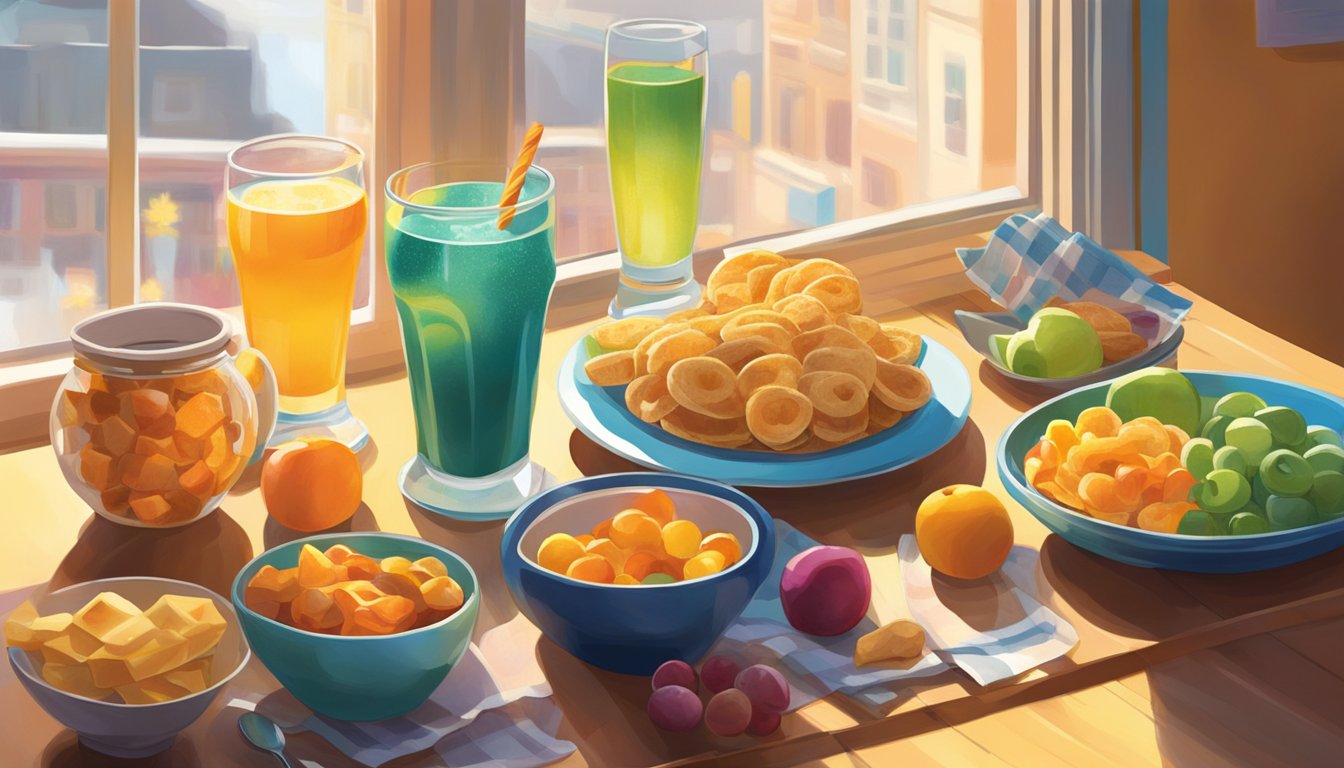 Colorful array of snacks and drinks on a vibrant table, with local influences evident in each item. Sunlight streaming in through a nearby window adds a warm, inviting glow to the scene