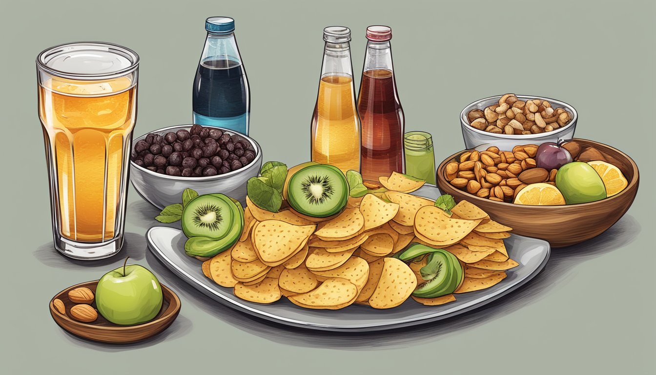 A table set with a variety of snacks and drinks, including chips, nuts, and fruit alongside glasses of soda, juice, and iced tea