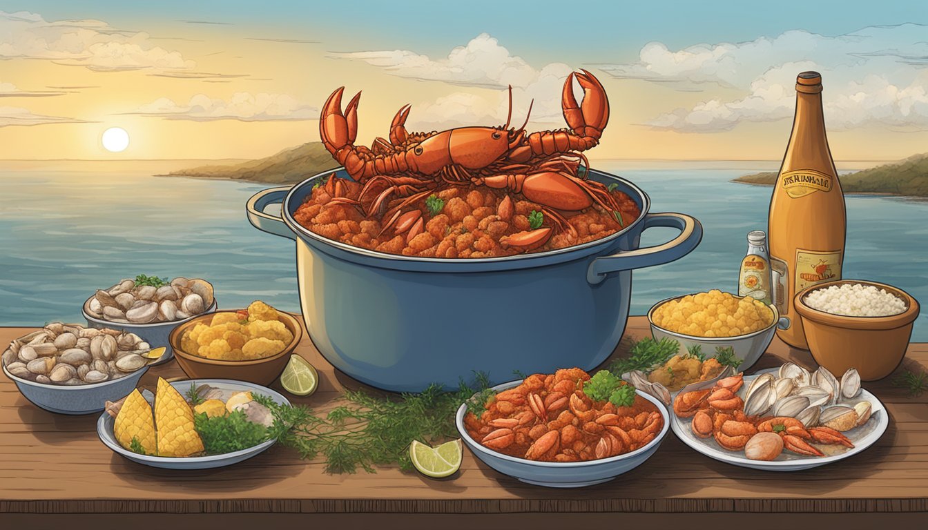 A steaming pot of crawfish étouffée surrounded by fresh seafood and the coastal landscape of the Texas Gulf Coast