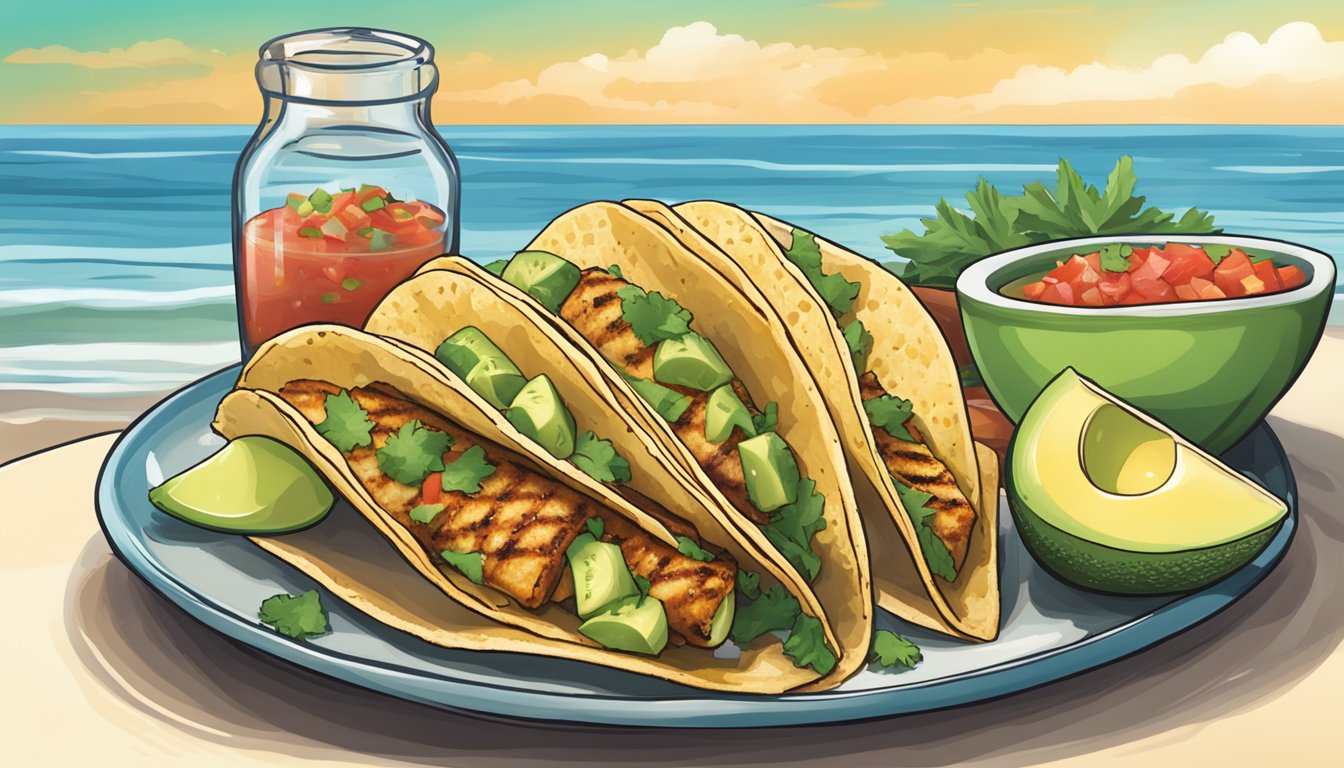 A colorful plate of grilled Mahi-Mahi tacos with fresh salsa and avocado, set against a backdrop of the Texas Gulf Coast