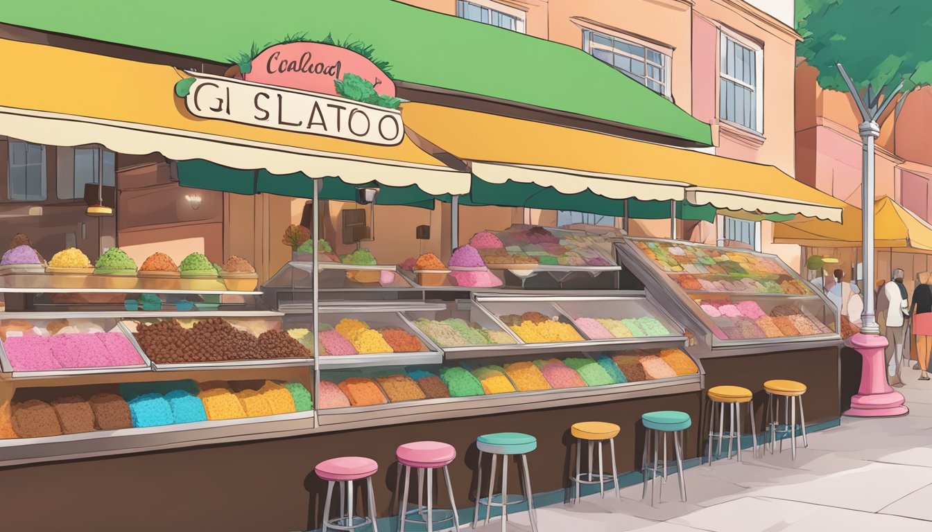 A colorful gelato stand with various vegan chocolate flavors displayed in a vibrant market setting