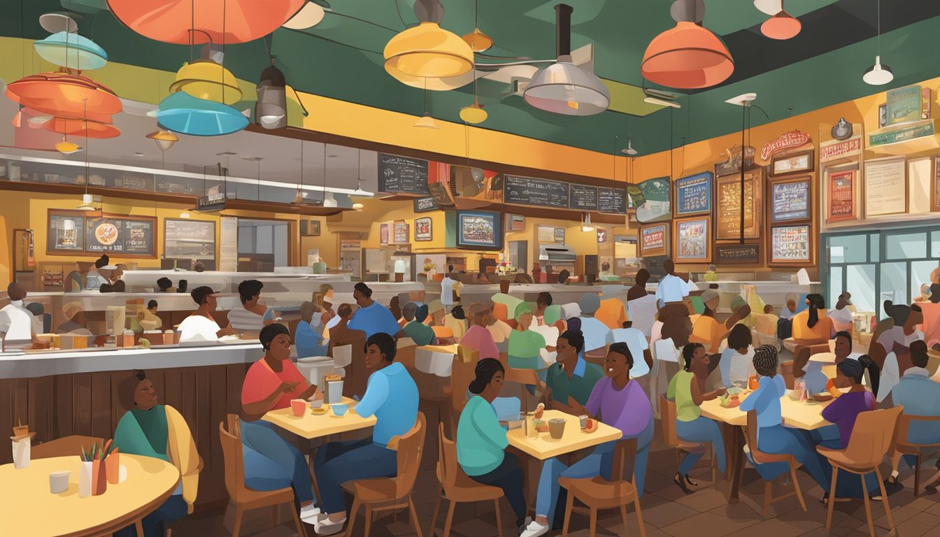 A bustling restaurant with colorful decor, serving up classic soul food and iconic Texas dishes