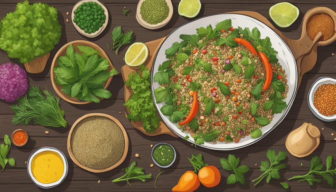 A colorful spread of quinoa, fresh herbs, and vegetables on a rustic wooden table. Vibrant and inviting, showcasing the local vegan flavors of a quinoa tabbouleh dish