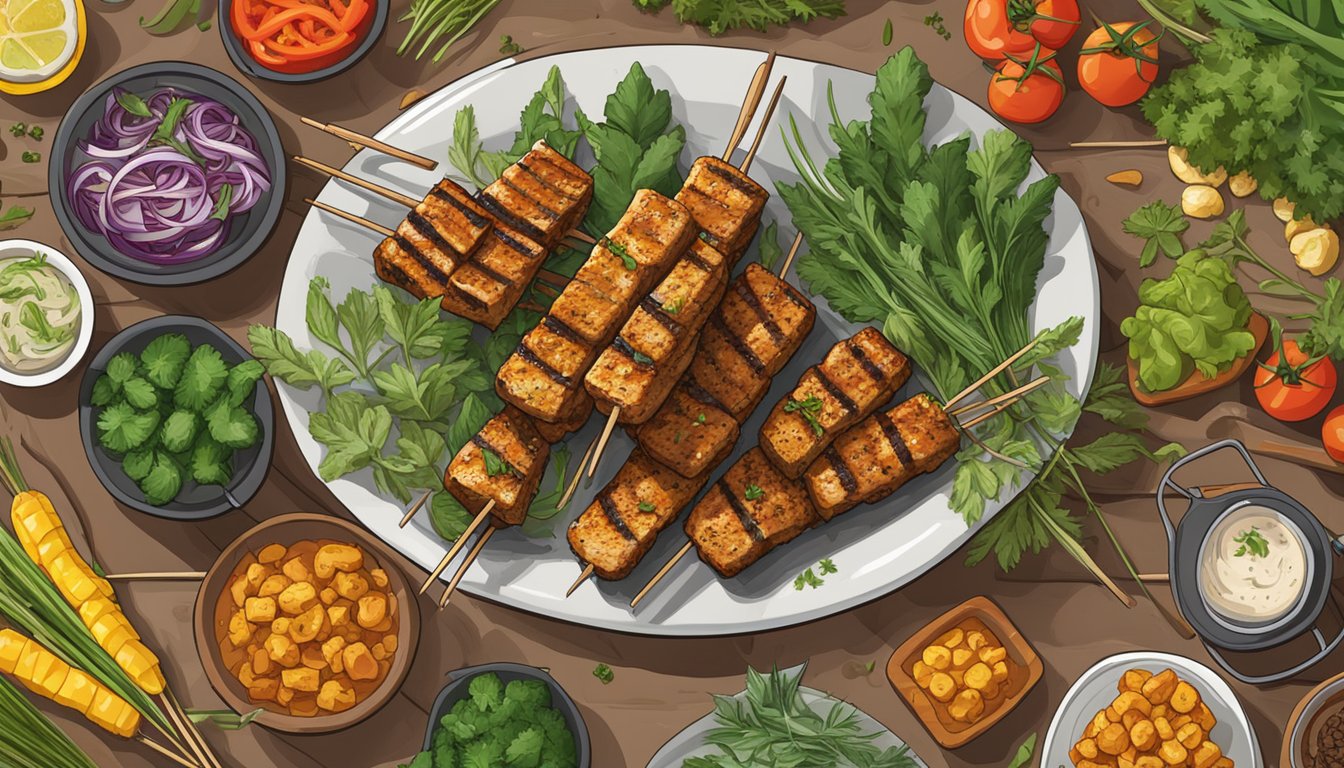 A sizzling grill with skewers of marinated tempeh, surrounded by vibrant local herbs and vegetables