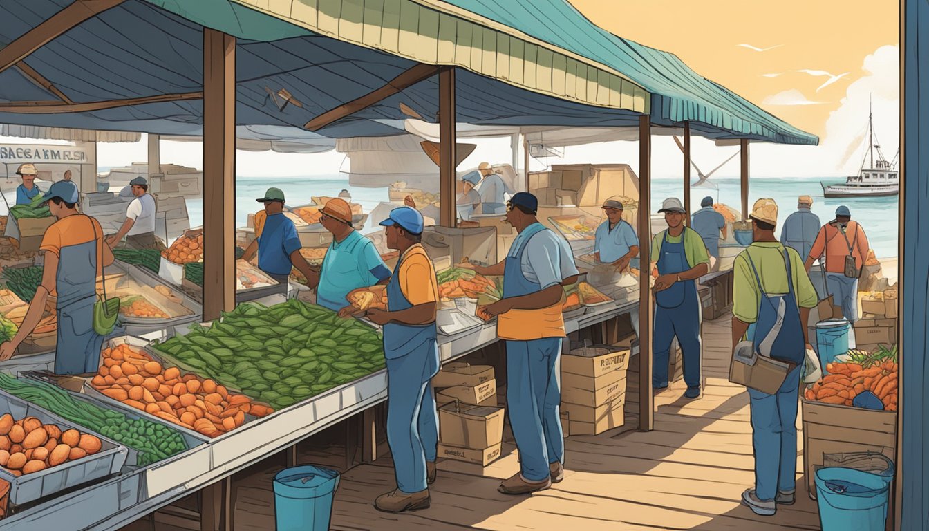 A bustling seafood market on the Texas Gulf Coast, with fishermen unloading their fresh catch and customers browsing sustainable options