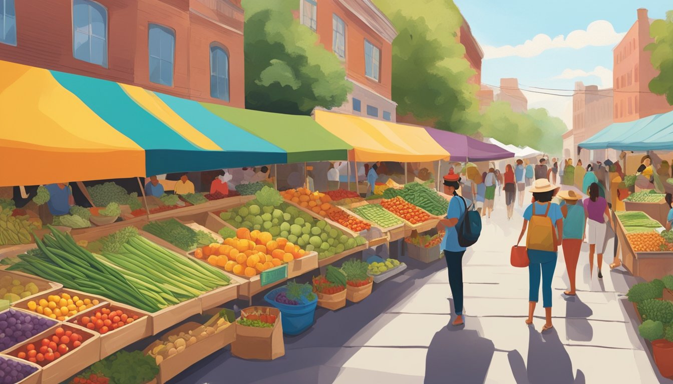 A bustling outdoor market filled with colorful fruits, vegetables, and herbs. Vendors proudly display their locally-sourced vegan ingredients, enticing passersby with vibrant flavors