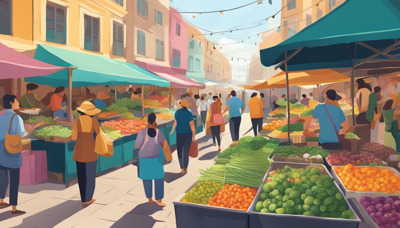 A bustling street market with colorful stalls selling a variety of plant-based dishes, surrounded by vibrant murals and traditional music