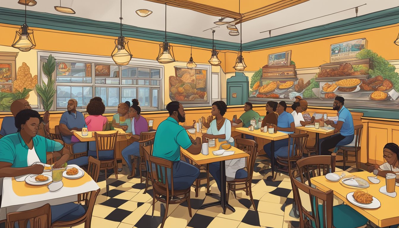 A bustling restaurant with a vibrant mural showcasing the history of soul food. Tables filled with customers enjoying delicious chicken and waffles