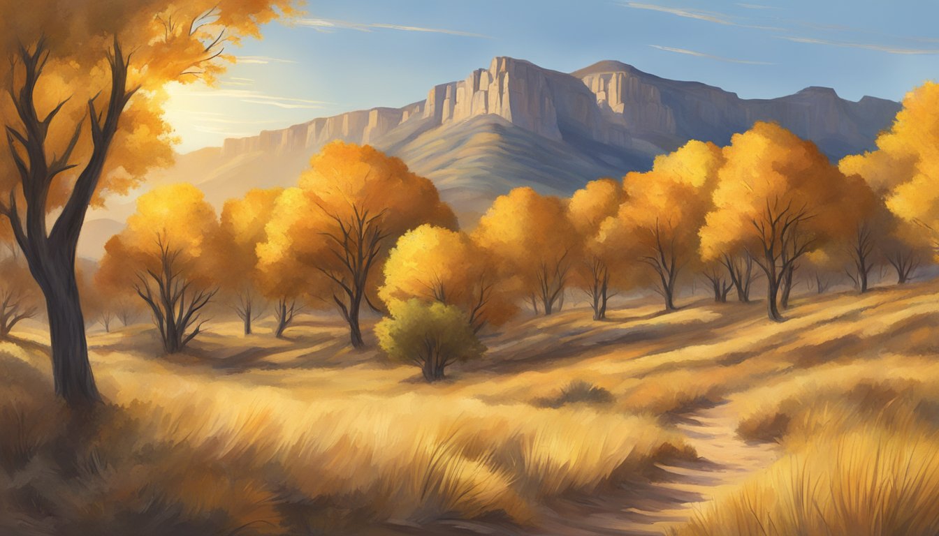 Golden leaves blanket the rugged Guadalupe Mountains, as the Texan sun casts a warm glow over the autumn landscape