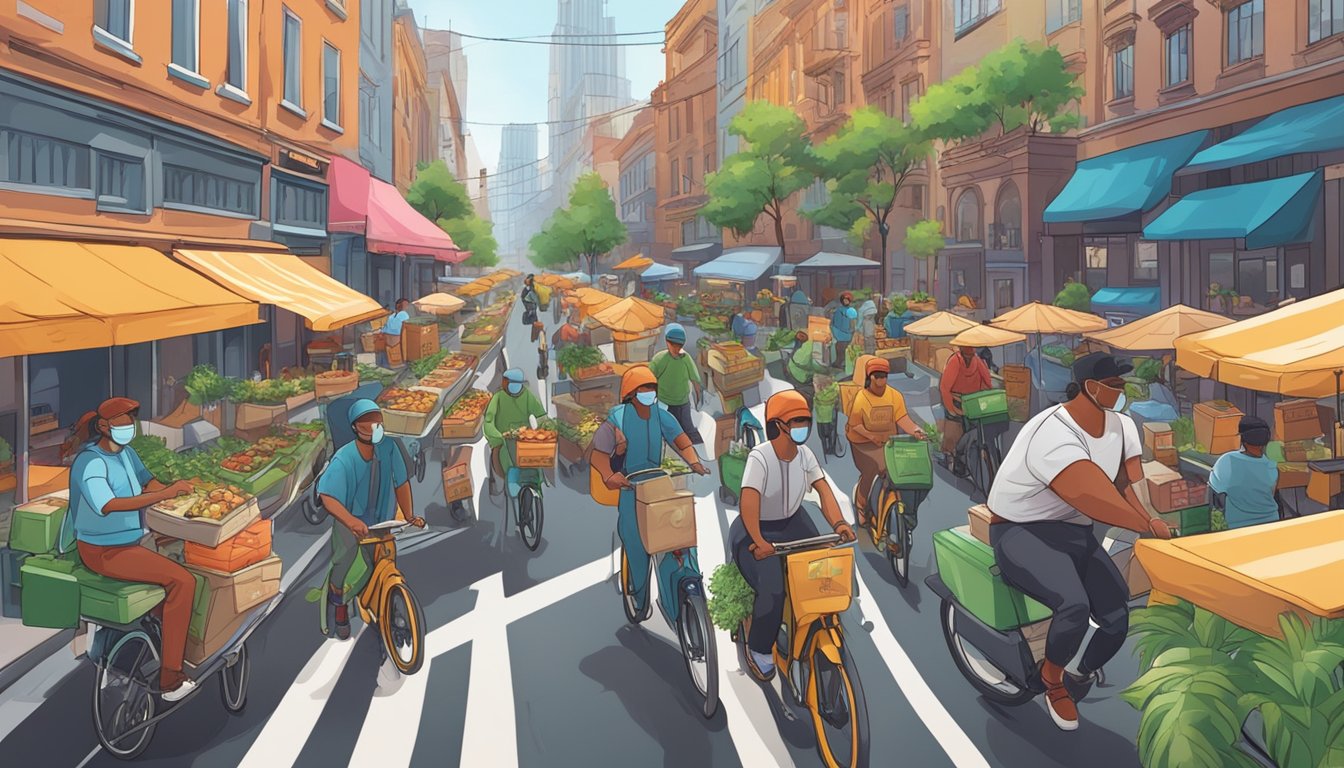 A bustling city street with various food delivery drivers on bicycles and scooters, each representing a different local restaurant, weaving through traffic and navigating the challenges of delivering food during the pandemic