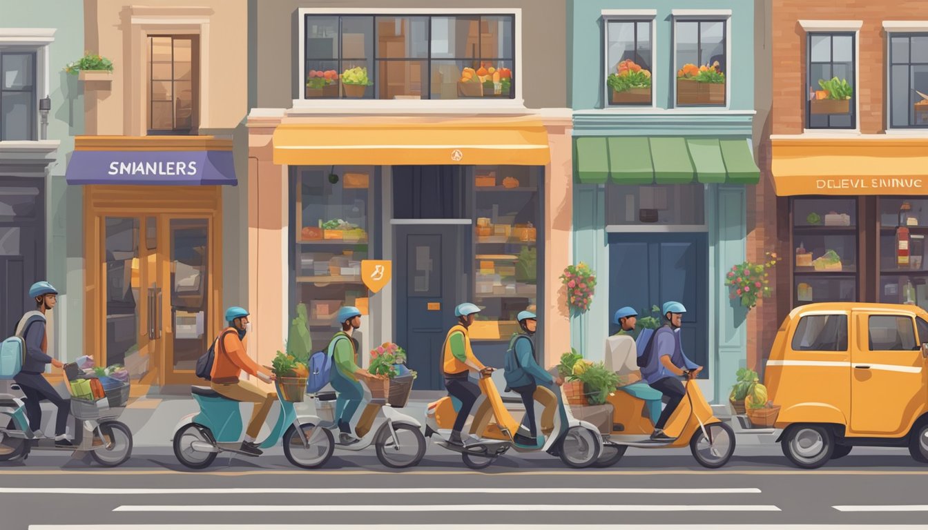 A bustling city street with colorful restaurant signs and delivery drivers on bicycles and scooters, delivering food to customers' doorsteps