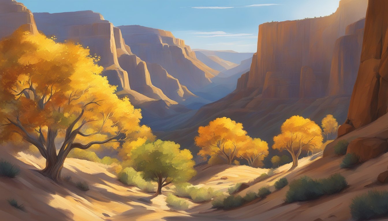 Golden sunlight bathes the rugged canyon walls, casting long shadows as the leaves of the cottonwood trees turn a vibrant shade of red and gold