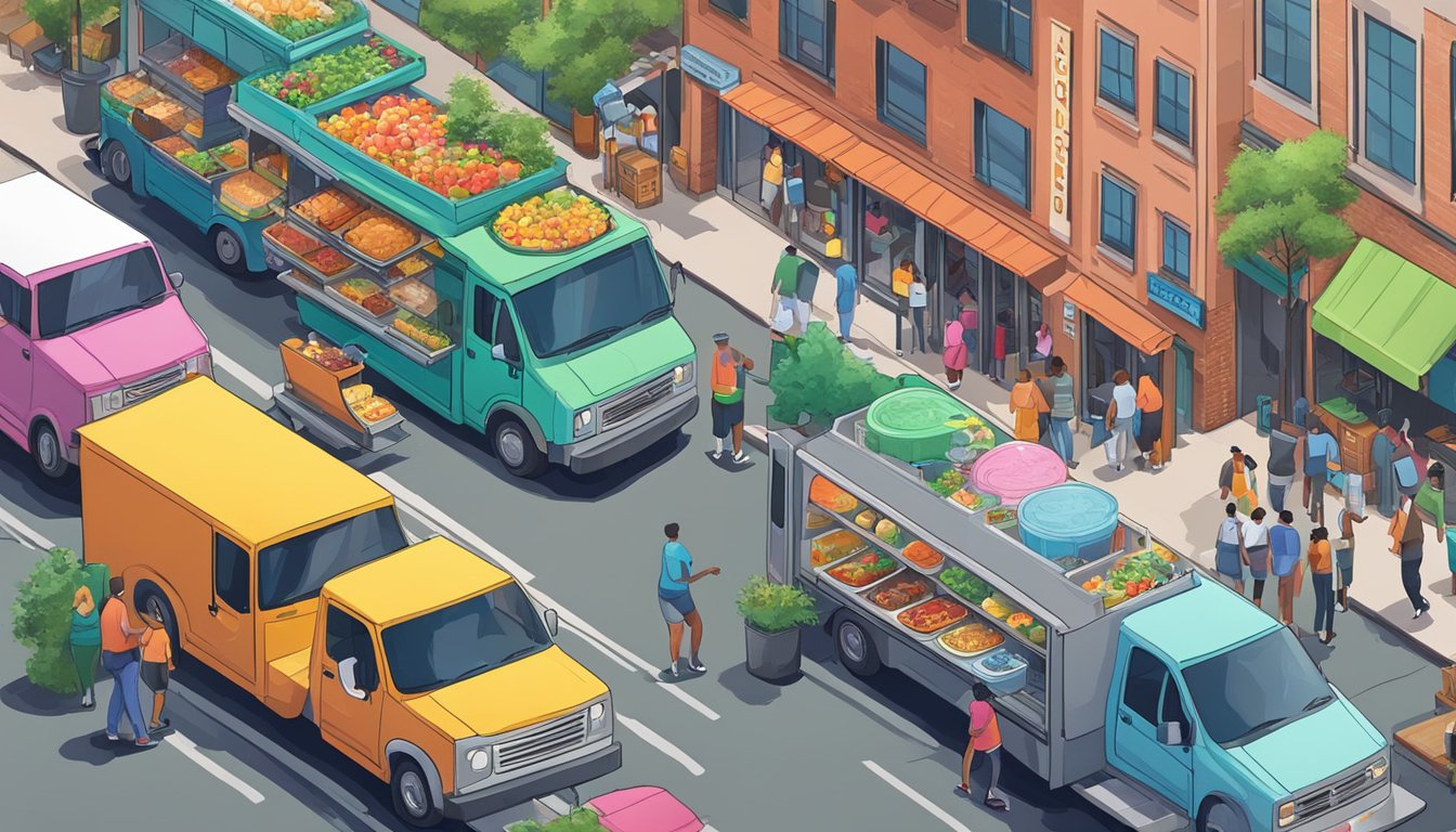 A bustling street in Houston with colorful food delivery vehicles parked outside various local eateries during the Covid-19 pandemic