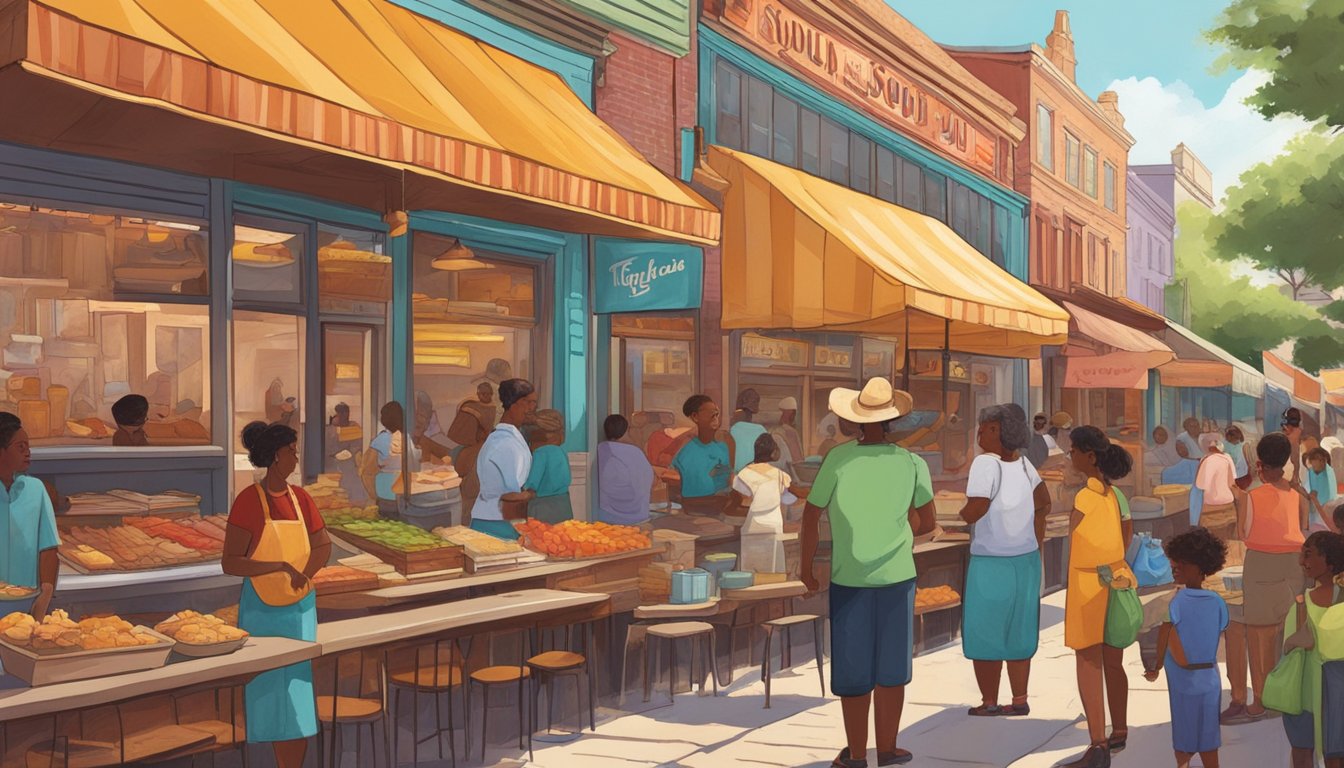 A bustling Texas street lined with colorful food joints, each offering a unique take on soul food. The aroma of sizzling meats and savory spices fills the air as locals and tourists alike sample the diverse culinary offerings