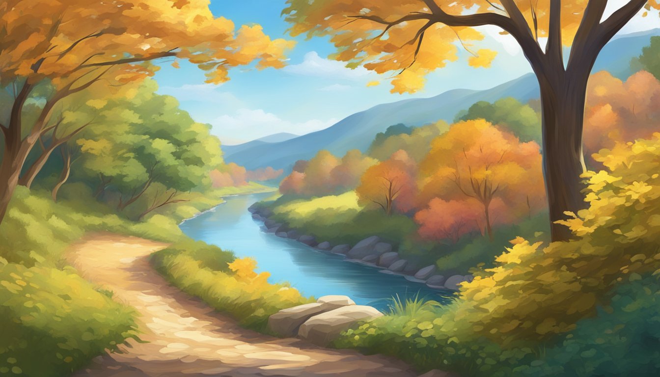 A winding trail through colorful foliage, leading to a serene riverbank under a clear blue sky