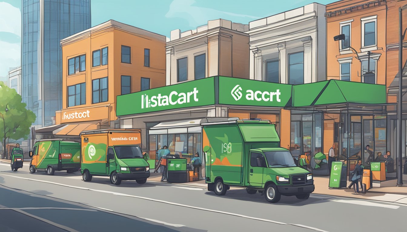 A bustling city street with various delivery vehicles parked outside local Houston restaurants, with Instacart logos prominently displayed