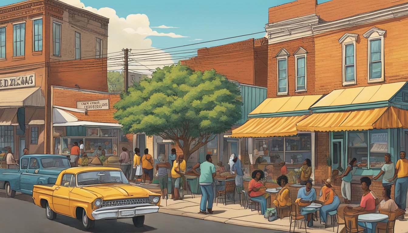 A bustling Texas street lined with vibrant food joints, each offering a unique take on soul food. The aroma of fried chicken, collard greens, and cornbread fills the air, as locals and tourists alike indulge in the rich history of this beloved cuisine