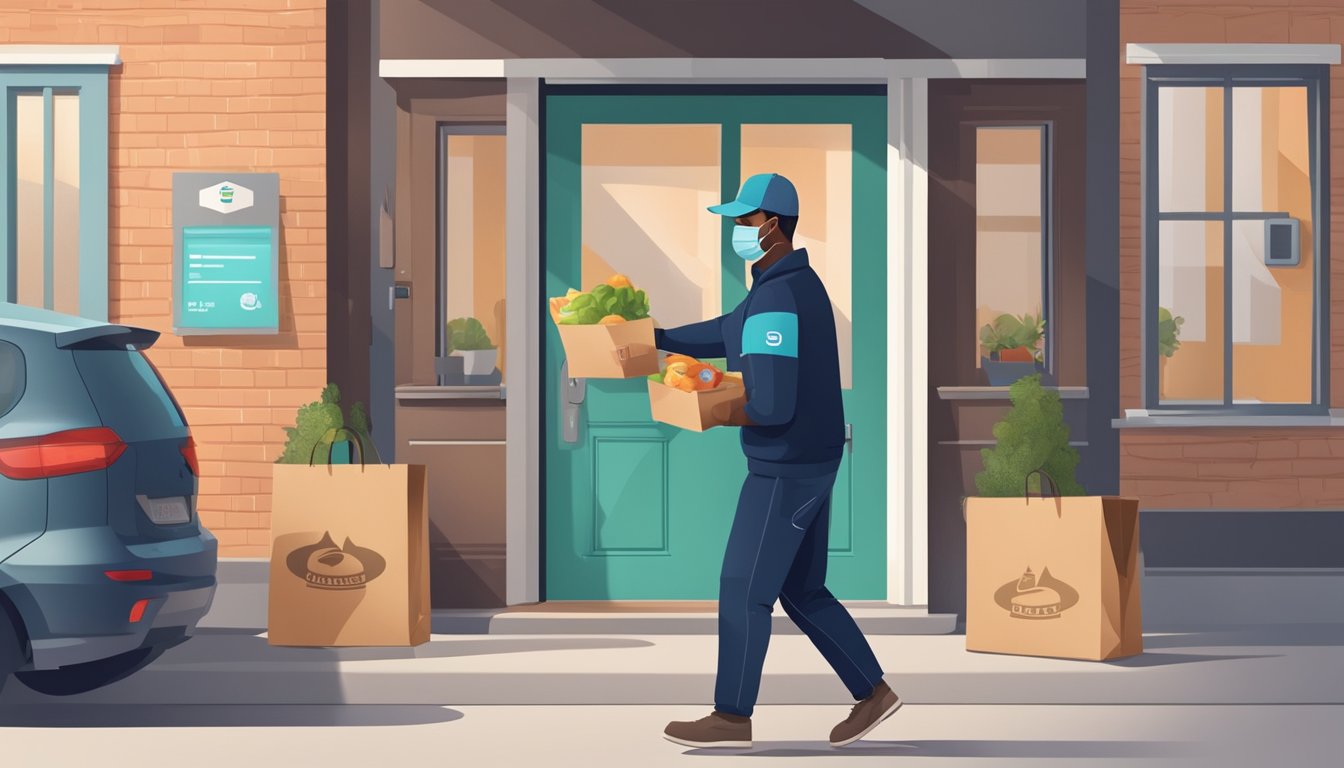 A delivery driver dropping off a bag of food at a customer's doorstep, wearing a mask and gloves, with a contactless delivery sign on the door