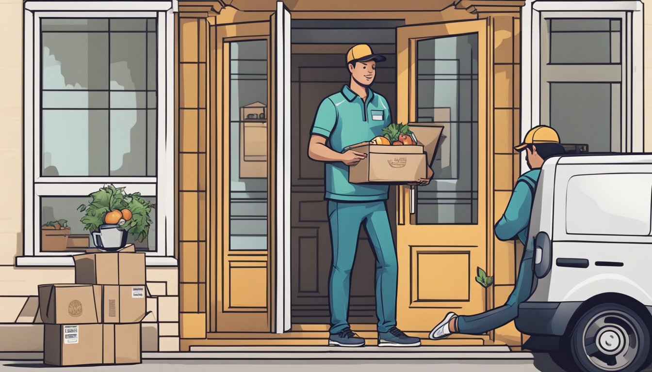 A delivery driver dropping off food at a customer's doorstep, with a contactless delivery option and a QR code for tracking the order