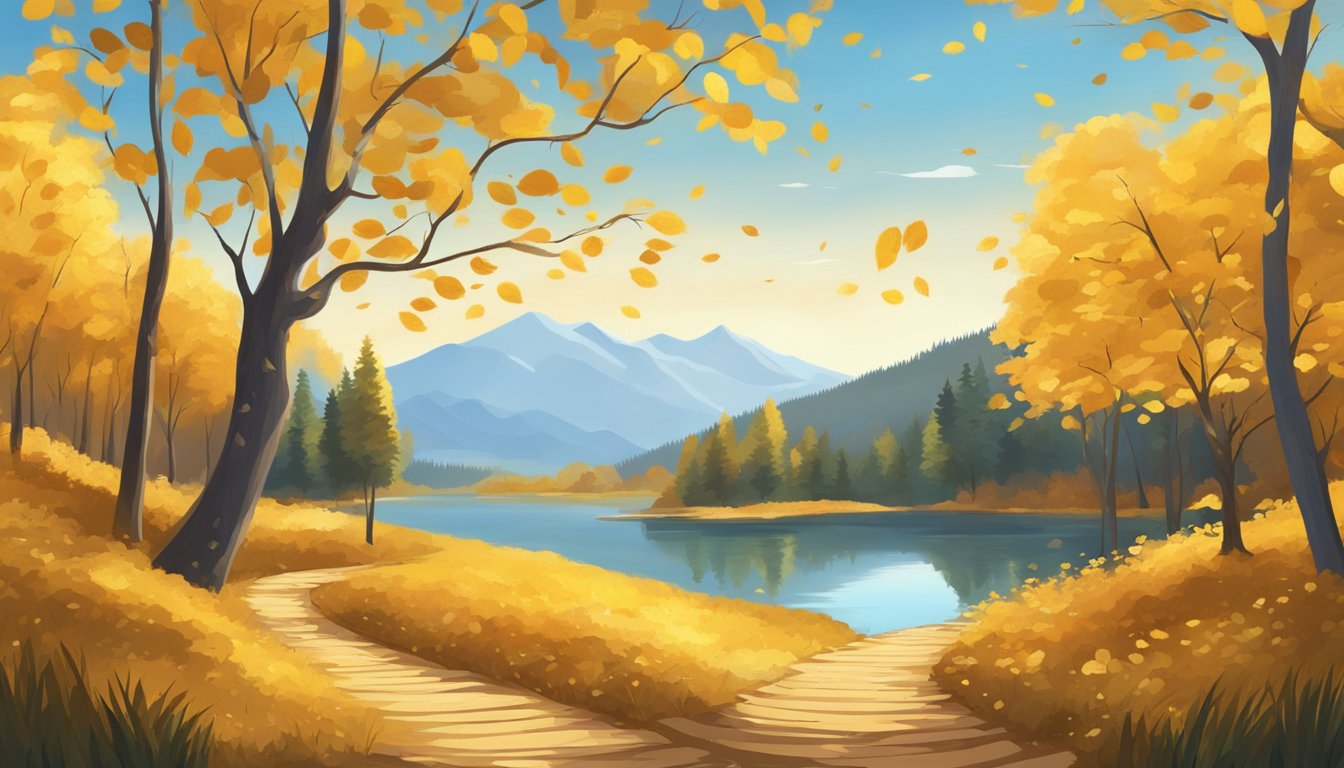 A winding path through a golden forest, with leaves falling and a clear blue sky above, leading to a tranquil lake