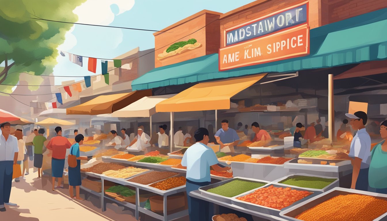 A bustling Filipino food market in Fort Worth, Texas, with colorful storefronts and the aroma of sizzling meats and savory spices filling the air