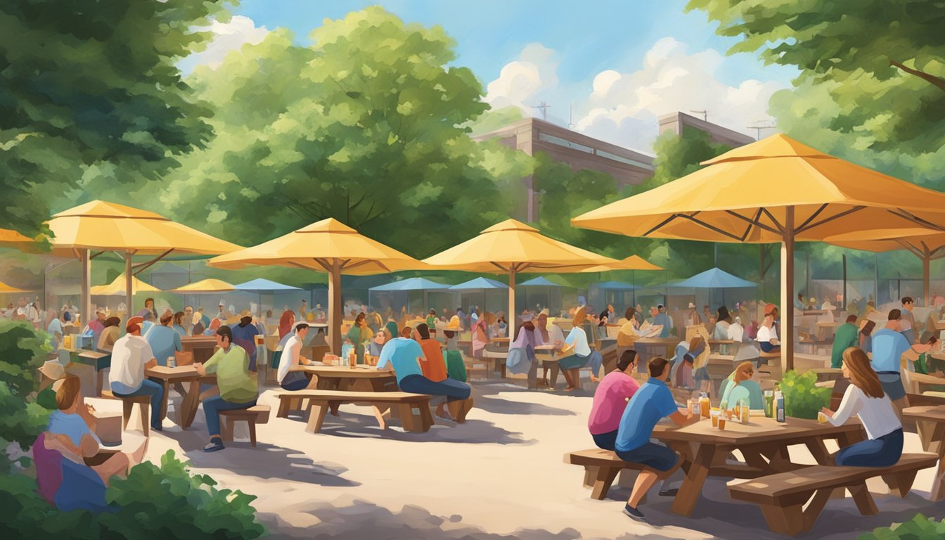 A bustling beer garden at Kirby Ice House in Houston, with vibrant greenery, picnic tables, and a lively atmosphere perfect for enjoying a summer day