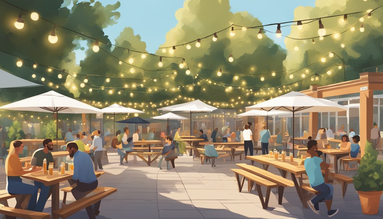 A lively beer garden with picnic tables, umbrellas, and string lights. People enjoy craft beer and socialize in the outdoor space