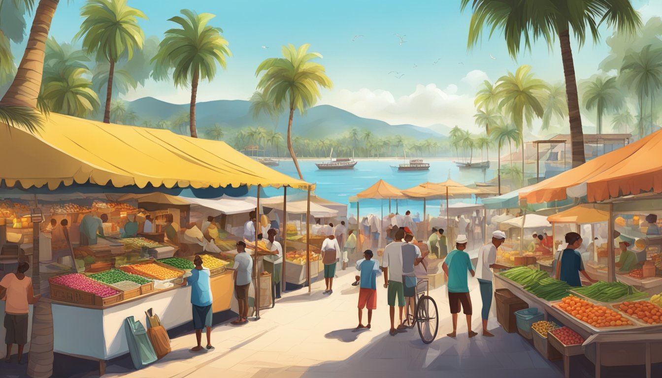 A bustling outdoor market with colorful food stalls and lively music, surrounded by palm trees and a view of the water