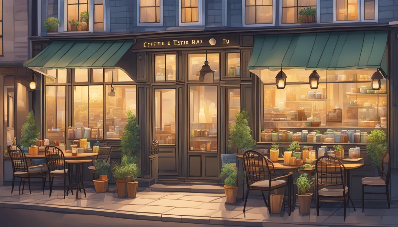 A cozy coffee shop with a variety of teas on display, surrounded by a bustling city street