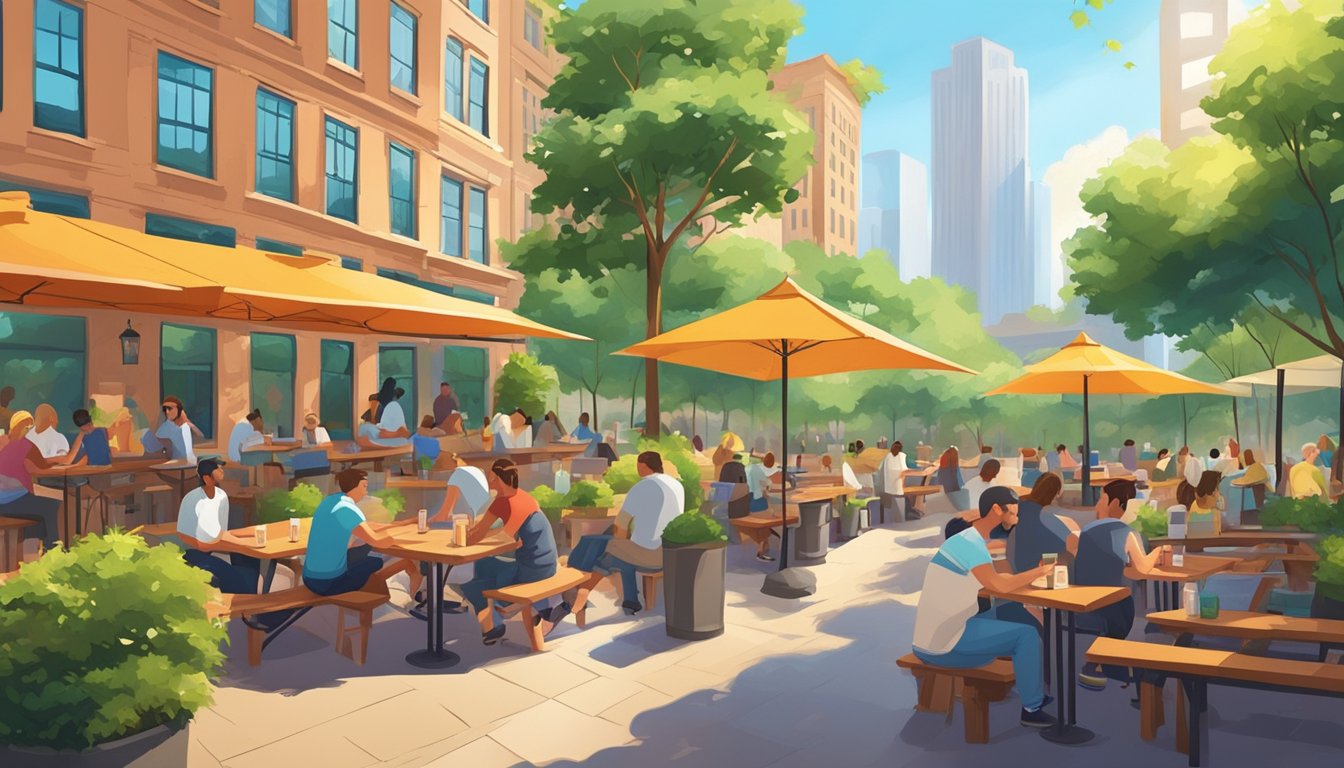 A bustling beer garden with lush greenery, picnic tables, and a vibrant atmosphere, surrounded by the cityscape of Houston on a sunny summer day