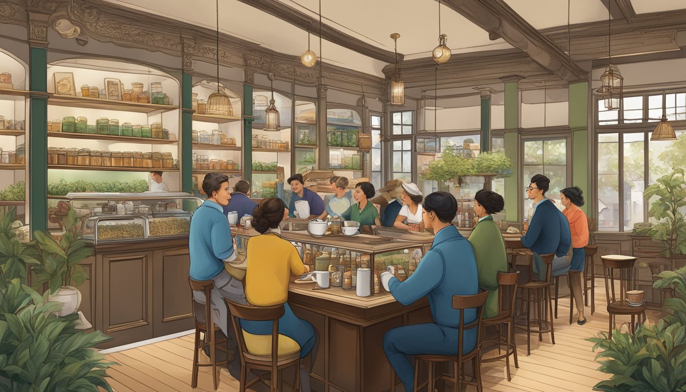 A bustling tea shop in Dallas, with patrons sipping various blends and exploring the rich history of tea through tastings and educational displays