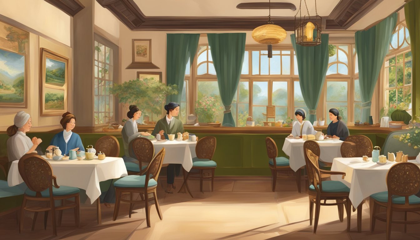 A serene tea room with traditional decor, serving a variety of teas from around the world. Patrons are seen sipping and enjoying their tea in a peaceful ambiance