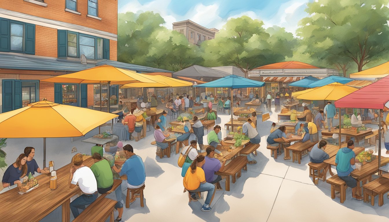 A bustling beer garden in Houston with colorful umbrellas, wooden picnic tables, and a variety of food vendors serving up delicious culinary offerings