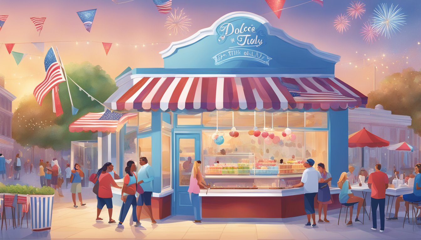 A festive 4th of July scene at Dolce Neve's gelato and ice cream parlors in Houston, with colorful decorations and customers enjoying frozen treats