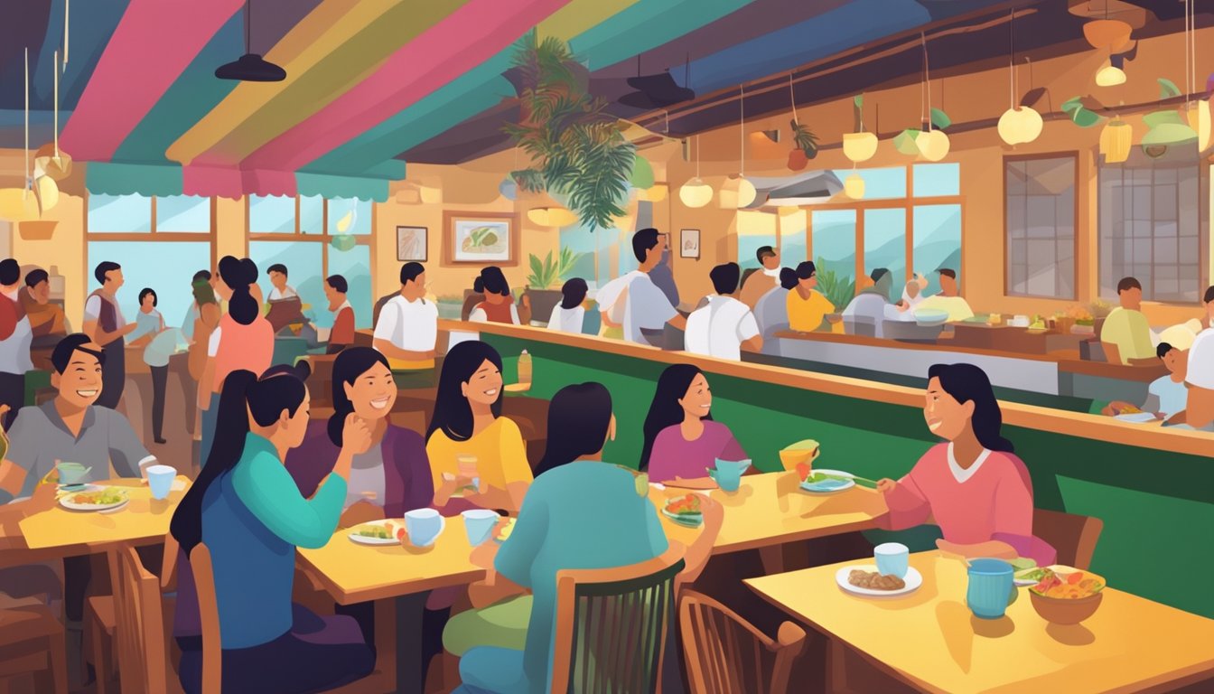 A bustling restaurant with colorful decor, serving up steaming plates of Filipino cuisine, as customers chat and laugh over their meals