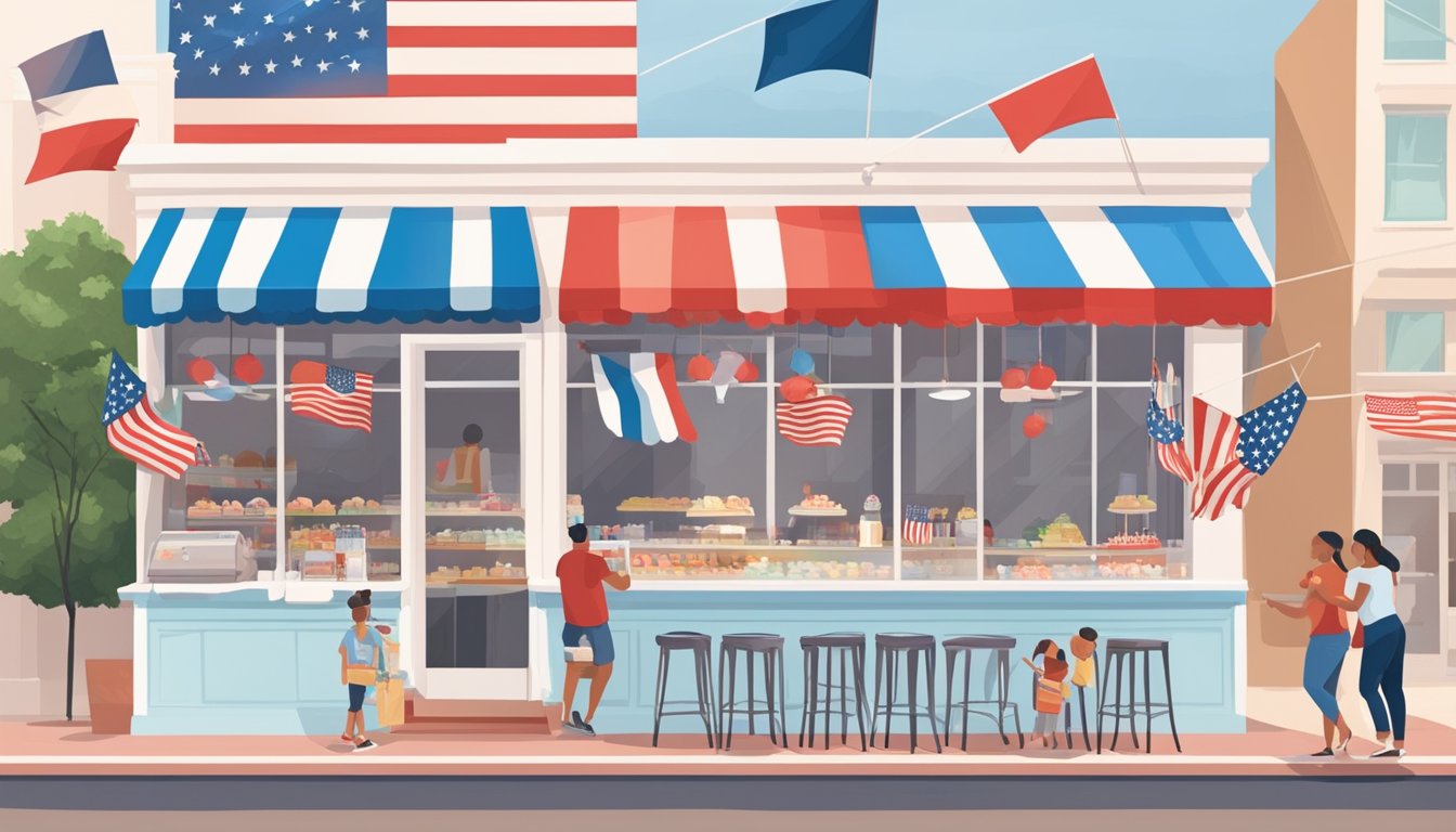 A bustling gelato parlor in Houston, decorated with patriotic colors and flags for the 4th of July weekend. Customers enjoy sweet treats on a warm summer day