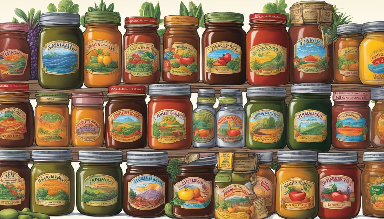 A colorful array of jars filled with Jardine's Texasalsa salsas and sauces, each label showcasing the unique flavors from the Lone Star State