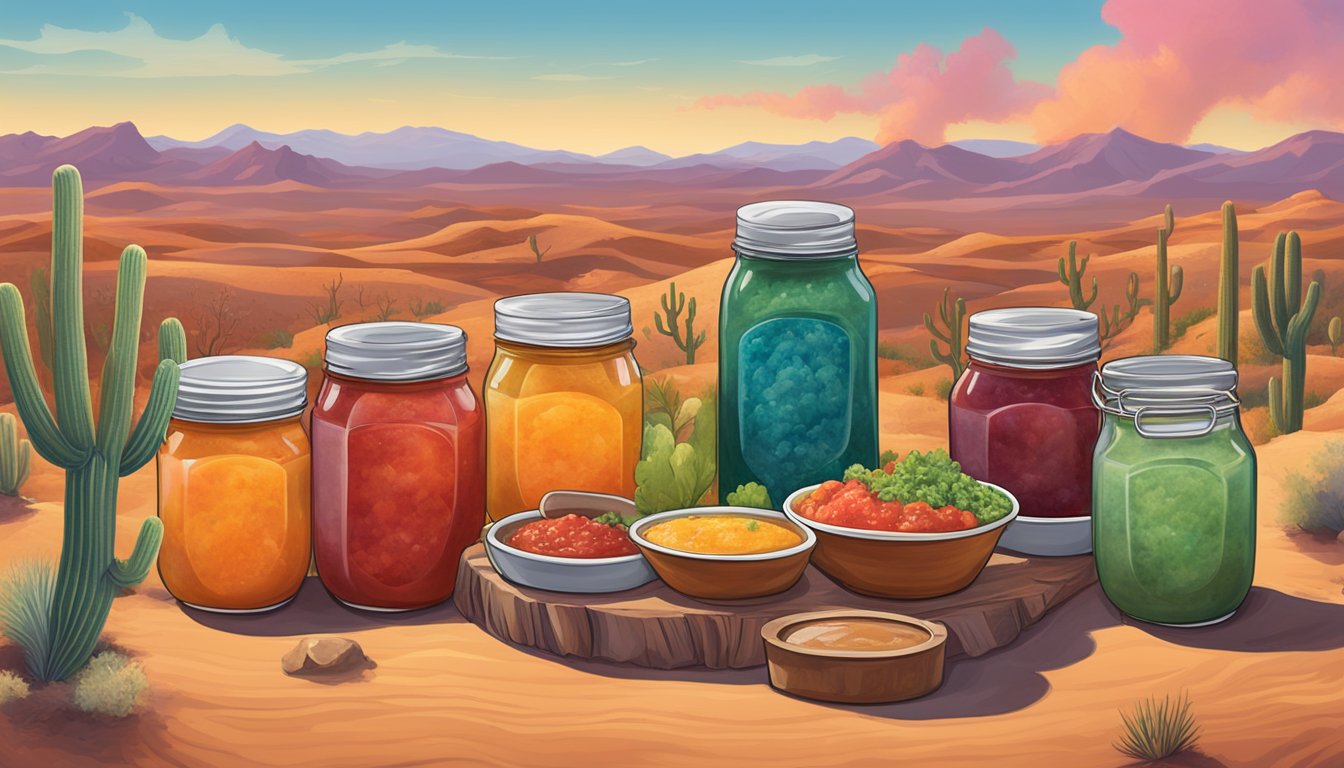 A vibrant desert landscape with a table filled with 9 jars of artisan salsas and sauces from Texas, surrounded by swirling smoke