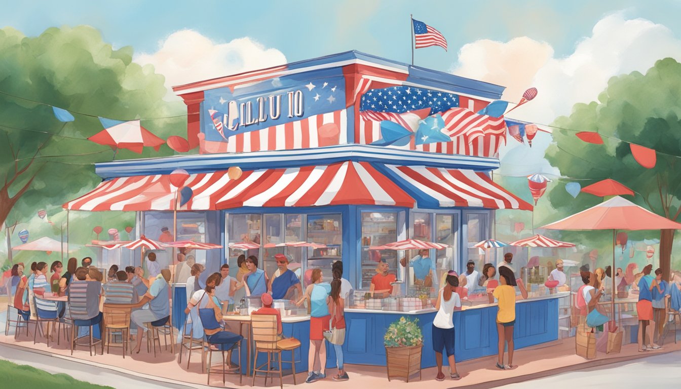 A festive 4th of July scene at Cloud 10 Creamery in Houston, with colorful gelato and ice cream displays and a bustling crowd of customers