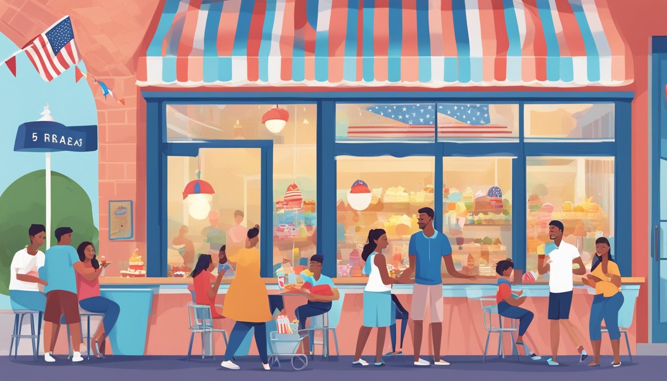 A festive 4th of July weekend scene at 5 gelato and ice cream parlors in Houston, with colorful decorations and happy customers enjoying frozen treats