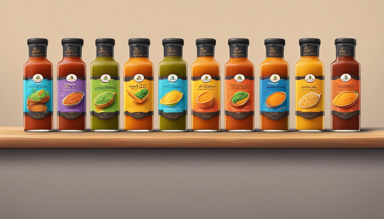 A table with 9 bottles of Nando's Peri-Peri Sauce and artisan salsas from Texas arranged in a line, each with unique labels and vibrant colors